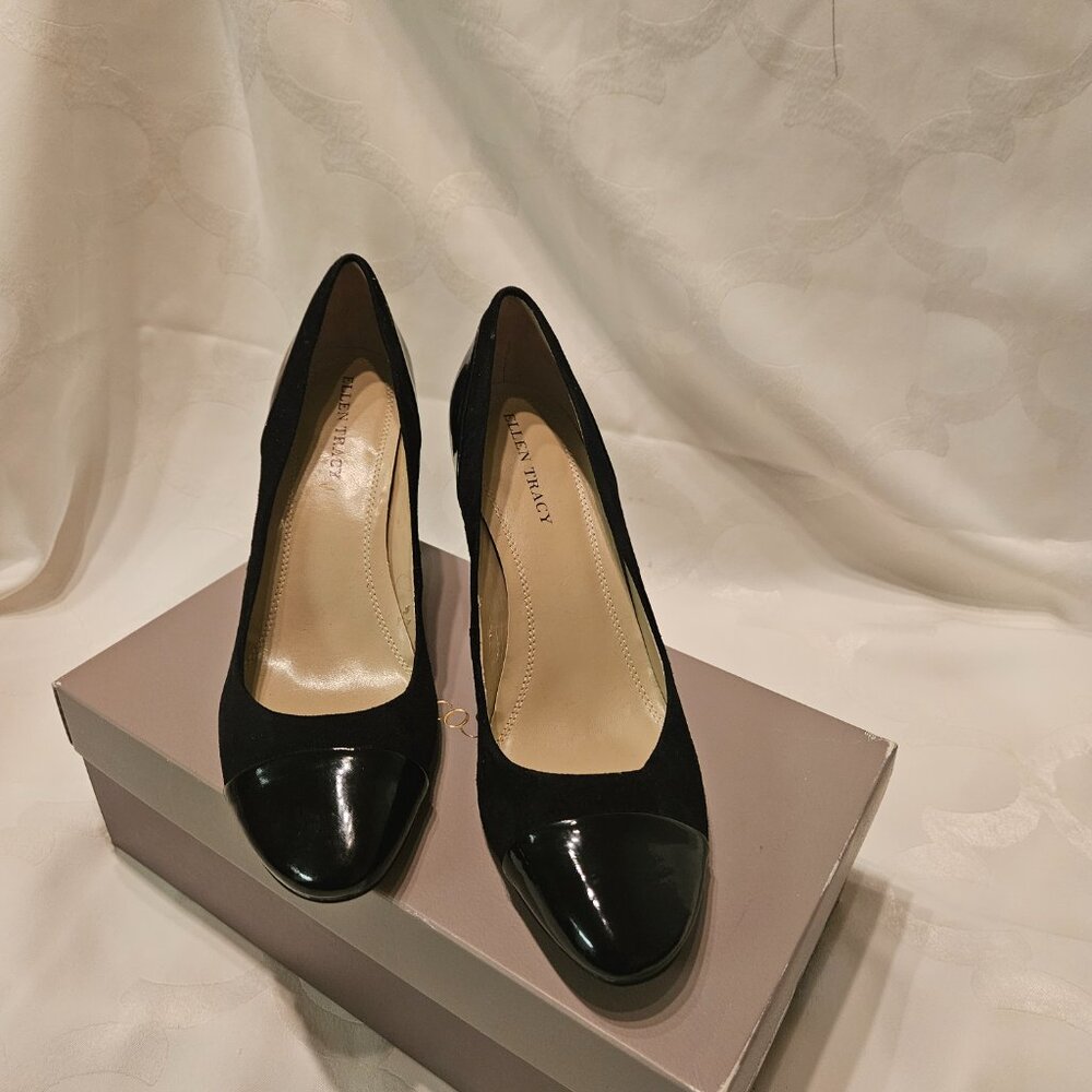 **Ellen Tracy Pumps Black Suede- Patent Leather Block Heels**